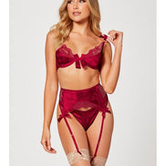 3 Pc Jacquard Bra Garter Belt And Panty Set-  Wine- Medium