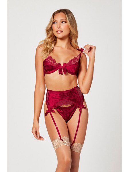 3 Pc Jacquard Bra Garter Belt And Panty Set-  Wine- Medium
