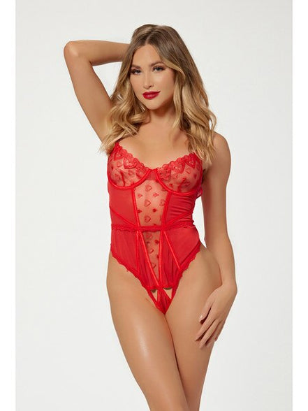 Heart Mesh Teddy - Red - One size Queen