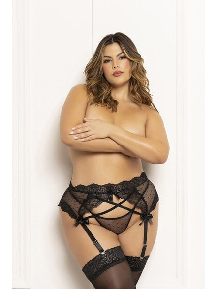 Two Piece Garter Belt Set. Dot Mesh Garter Belt With Lace Trim BLACK-XL/XXL