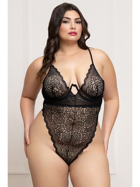 Floral Lace Teddy-Black- one size XL