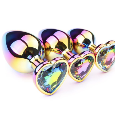 Heart rainbow alloy butt plug - Small - Purple gem